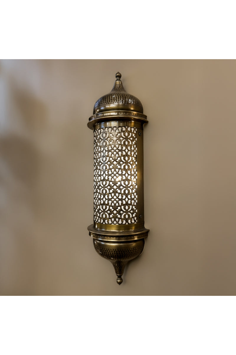 Fas Desenli El Yapımı Duvar Apliği Kabartma Desenli Antik Pirinç Eskitme Metal Aydınlatma