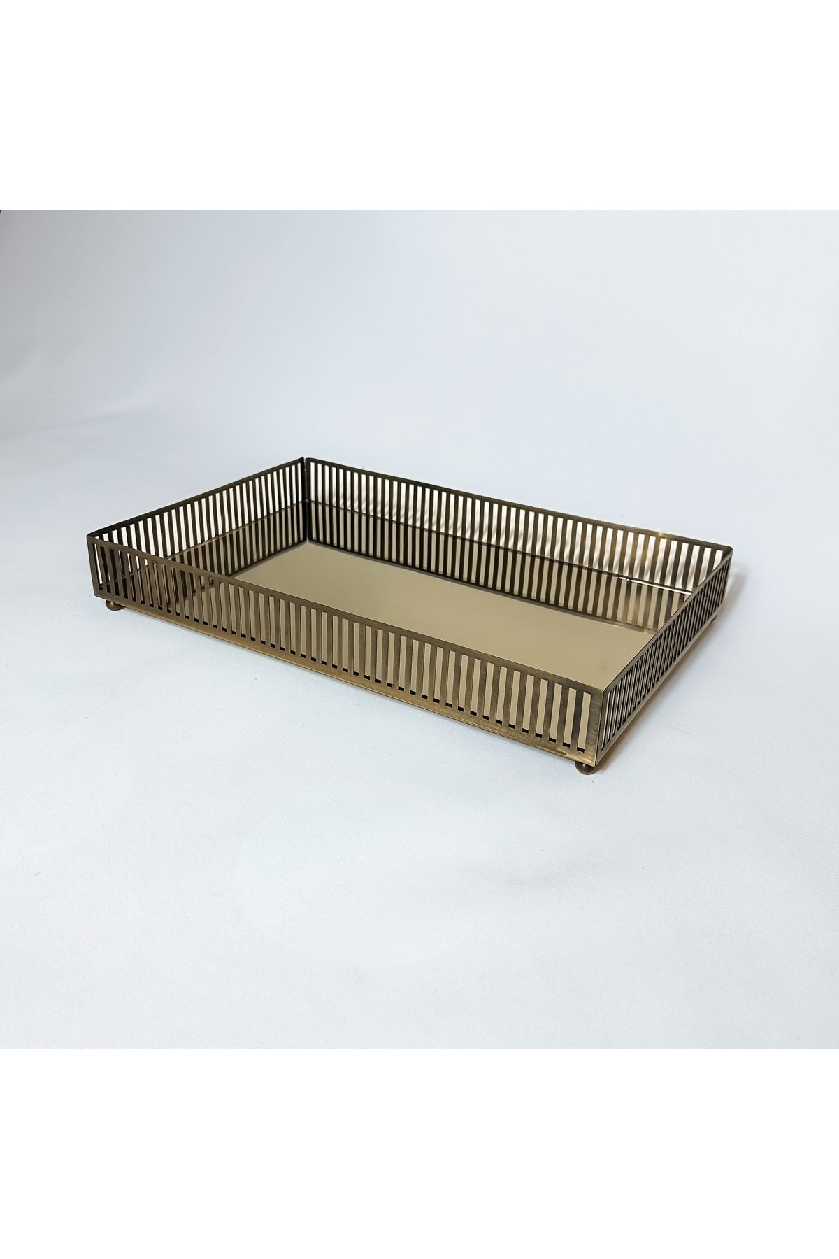 Antik Pirinç Eskitme Çizgili Bronz Aynalı Dekoratif Sunum Tepsisi 38x24 cm