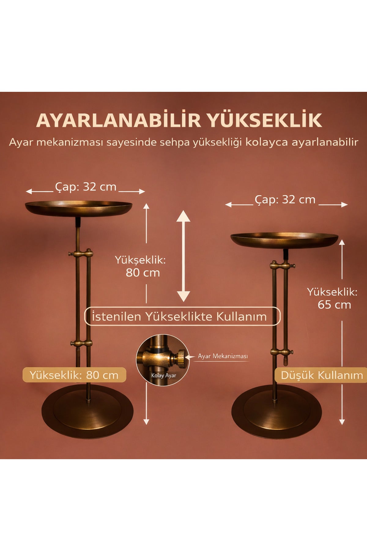 Antik Pirinç Eskitme Ayarlanabilir Yan Sehpa Metal Dekoratif Sehpa 65-80 cm
