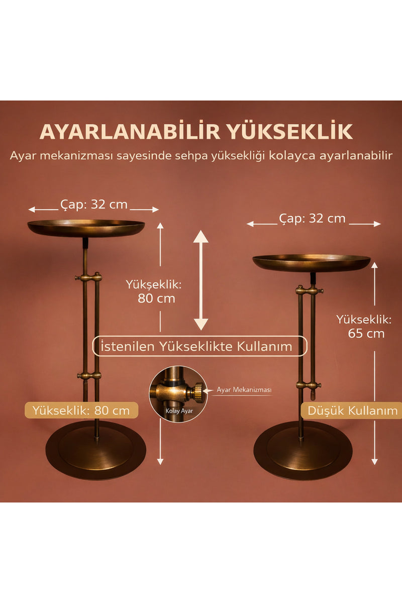 Antik Pirinç Eskitme Ayarlanabilir Yan Sehpa Metal Dekoratif Sehpa 65-80 cm