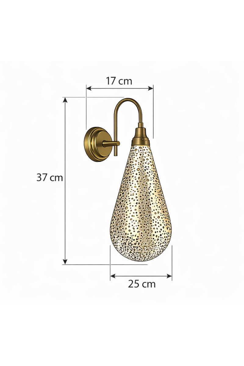 Delikli Damla Form Metal Aplik – Dekoratif Işık Efektli Duvar Lambası (Antik Pirinç eskitme)
