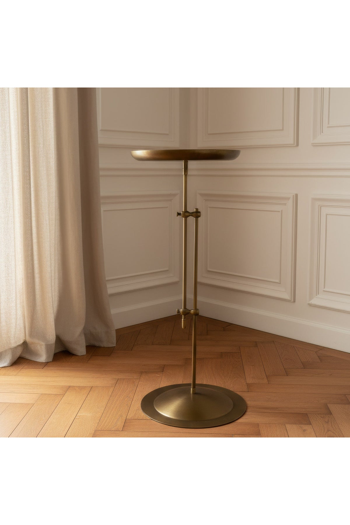 Antik Pirinç Eskitme Ayarlanabilir Yan Sehpa Metal Dekoratif Sehpa 65-80 cm