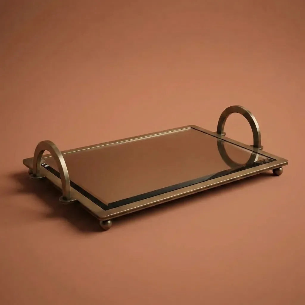Kemer Kulplu Aynalı Dekoratif Sunum Tepsisi – Antik Pirinç Eskitme 35x20 cm