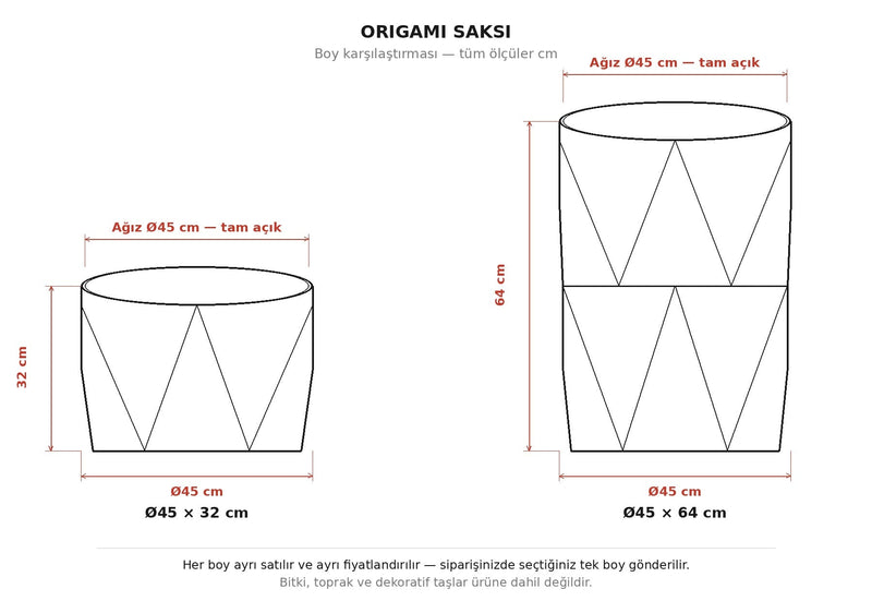Origami Saksı boy karşılaştırma ölçü şeması - Ø45 x 32/64 cm