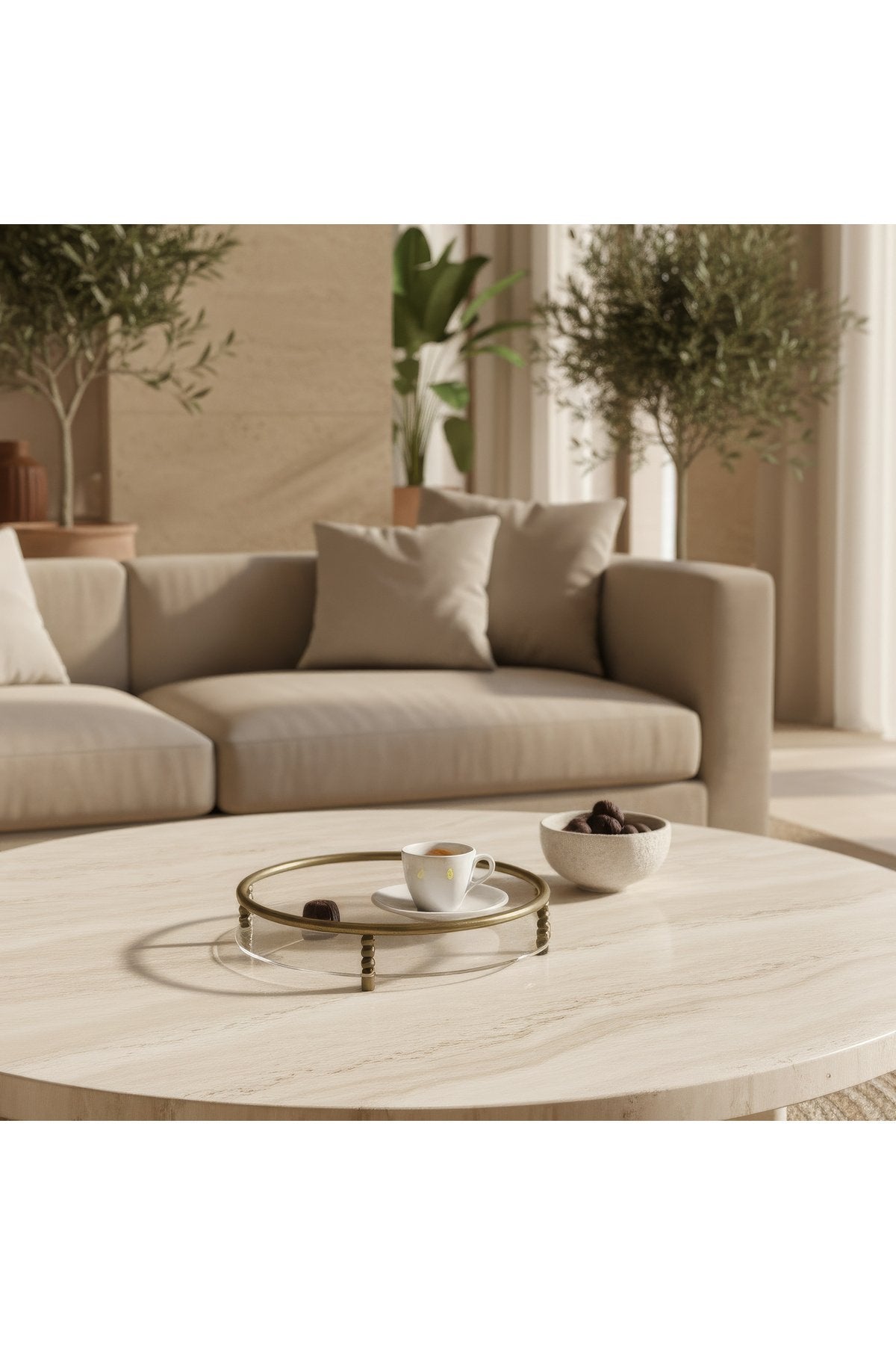 Antik Pirinç Eskitme Dekoratif Pleksi Çay Tepsisi 30 cm Modern Sunum Tepsisi