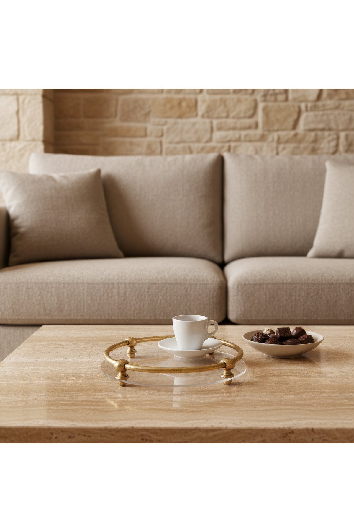 Antik Pirinç Eskitme Pleksi Sunum Tepsisi 30 cm Dekoratif Çay Kahve Tepsisi