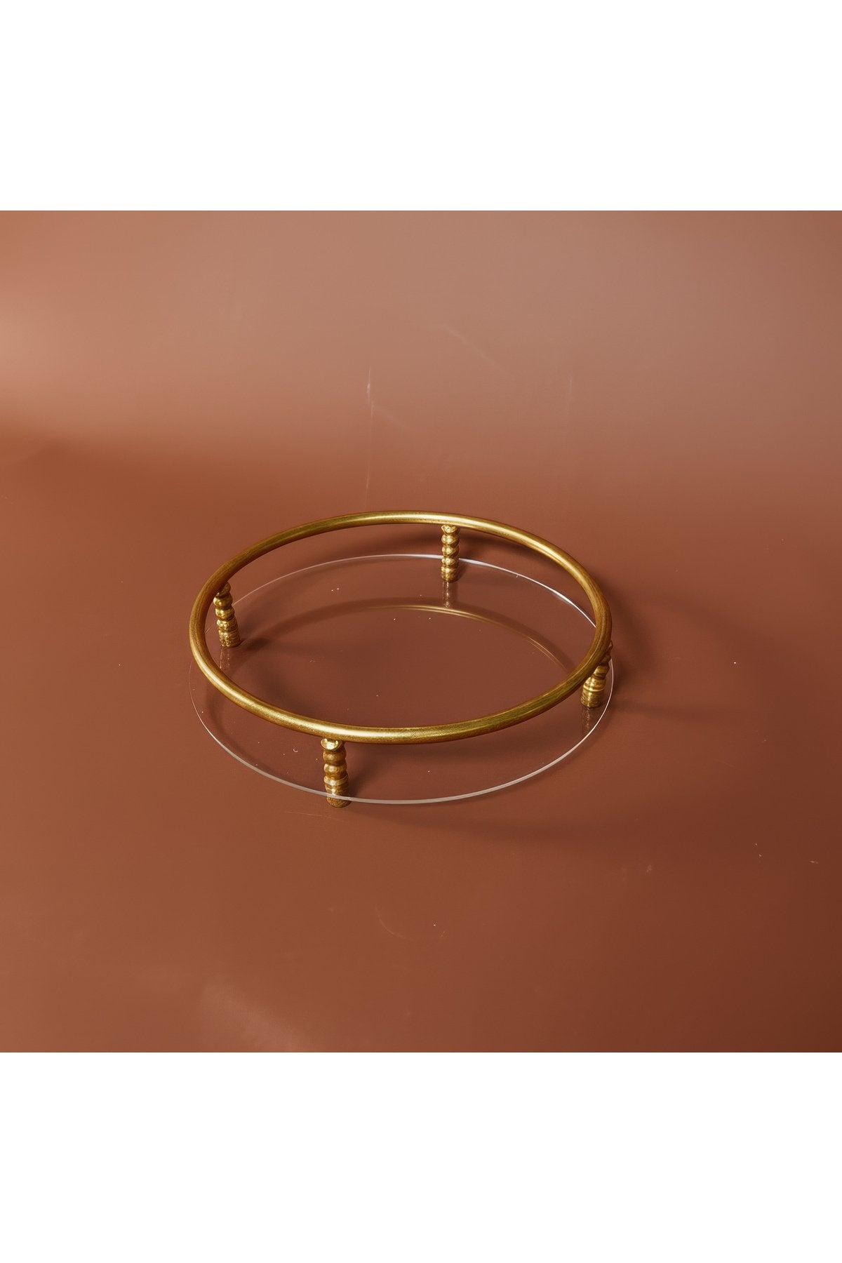 Antik Pirinç Eskitme Dekoratif Pleksi Çay Tepsisi 30 cm Modern Sunum Tepsisi