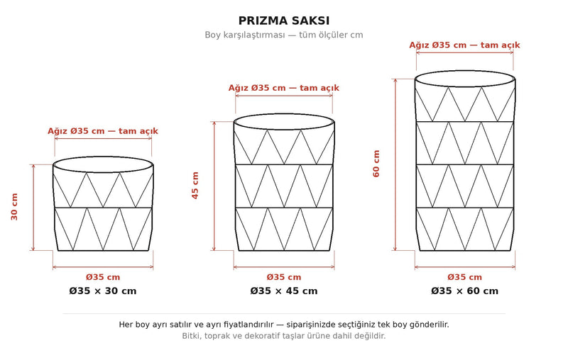 Prizma Saksı boy karşılaştırma ölçü şeması - Ø35 x 30/45/60 cm